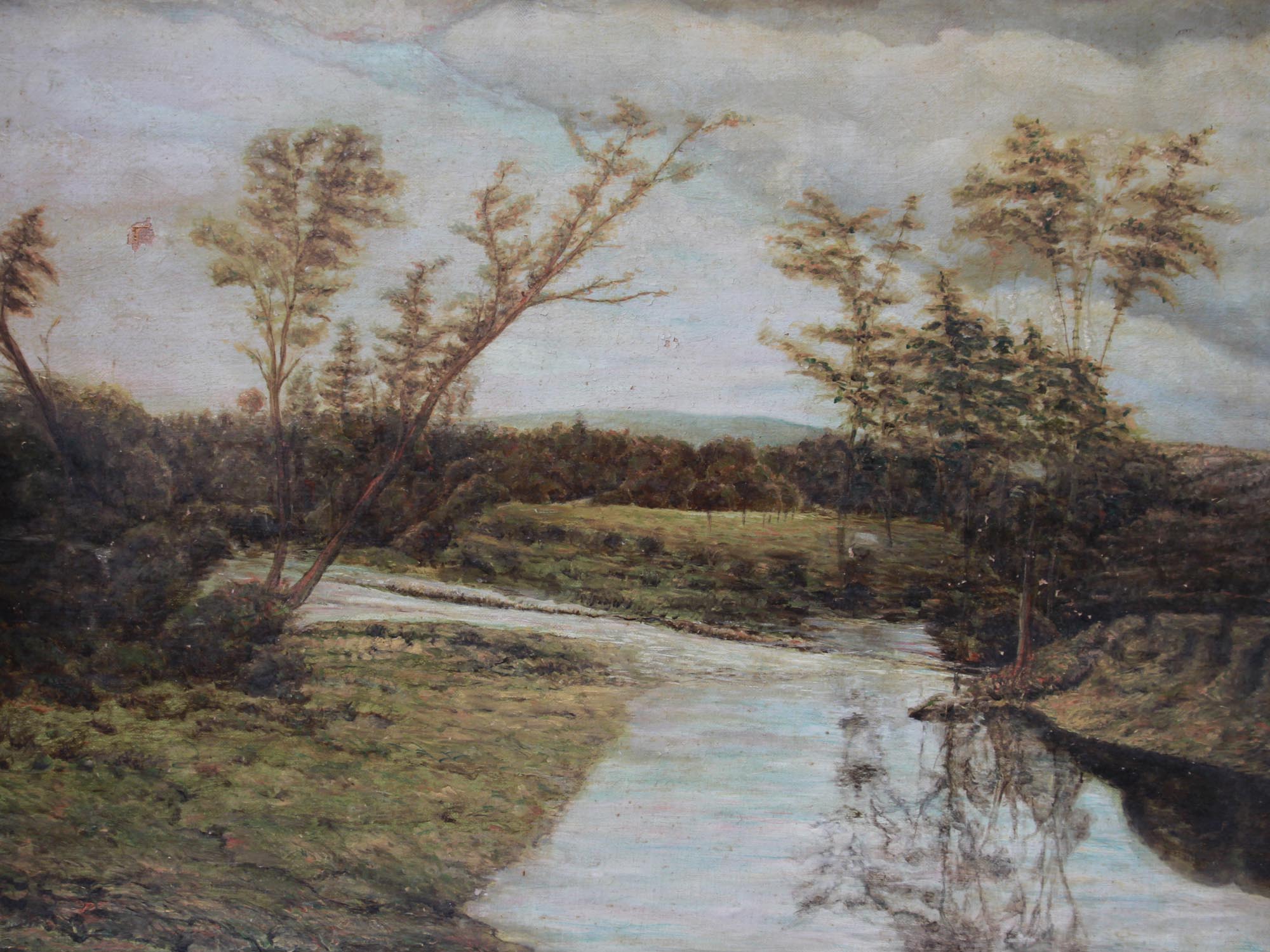 AN OIL PAINTING OF A RIVER AND WOODS EARLY 20TH C PIC-1